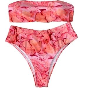 NWOT Pink Marble High Waisted Swim Strapless Bandeau Bikini Women Size Medium M